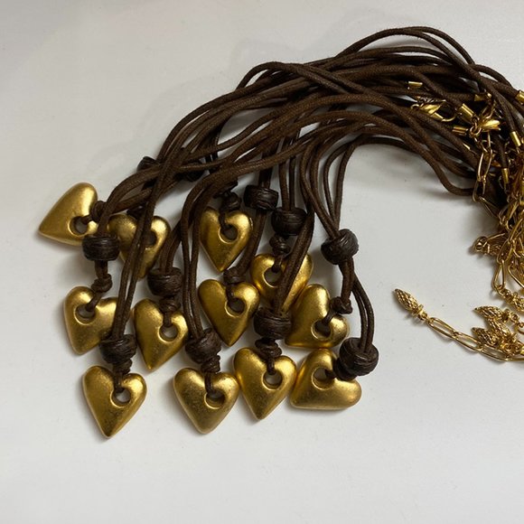 12 pcs, Brown Cord Necklaces with Golden Antiqued Style Heart-Shaped Pendant - Picture 2 of 5
